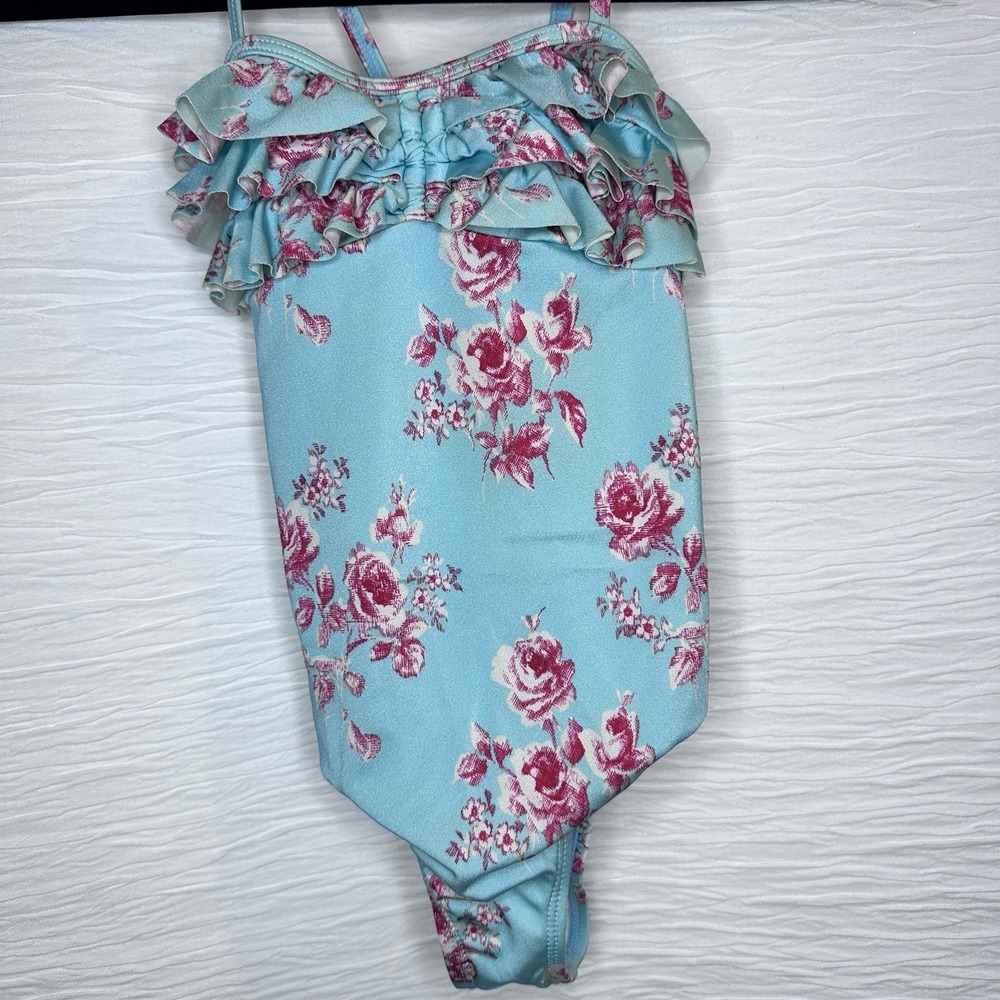 Janie and Jack Pink Floral Blue Ruffle Swimsuit One Piece Girl's Size 6 - Picture 3 of 9